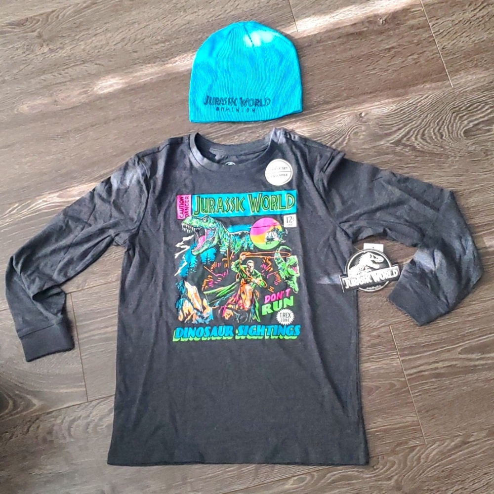 🦖 Jurassic World 2 Piece Kids - Long sleeve Shirt & Beenie/Hat/Touque 💙 LARGE